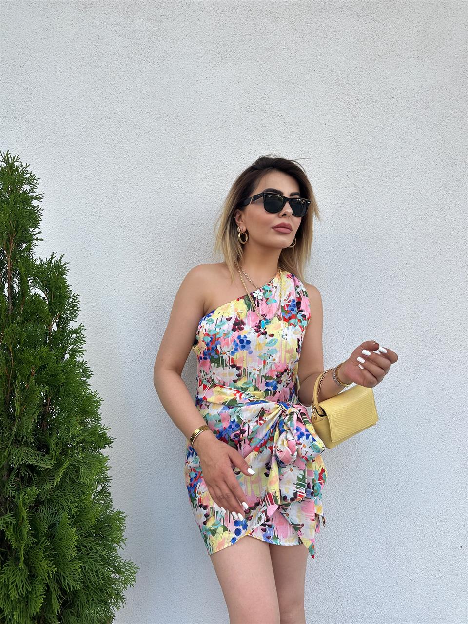 Floral Print One-Shoulder Mini Dress