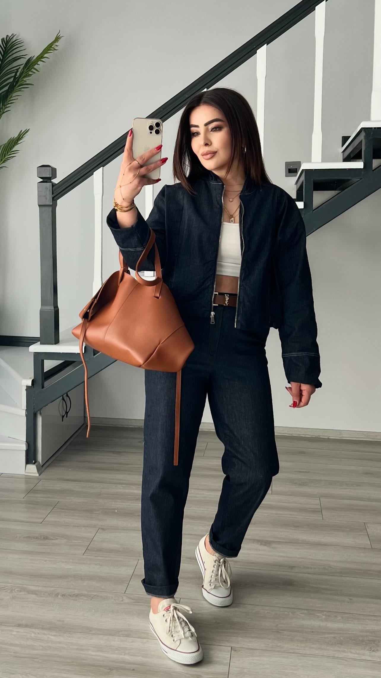 Denim Görünümlü Bomber Ceket-Pantolon Takım