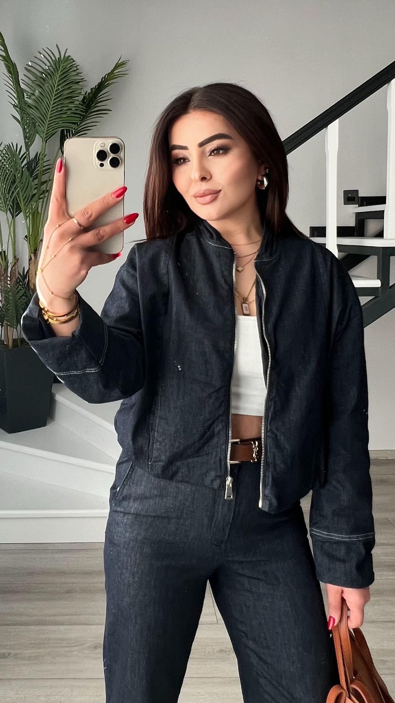 Denim Görünümlü Bomber Ceket-Pantolon Takım