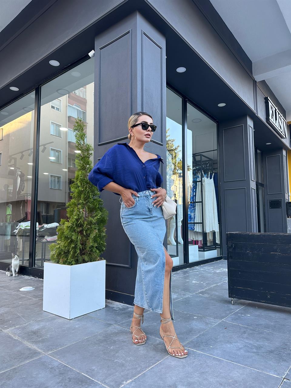 Denim Long Asymmetrical Skirt with Slit