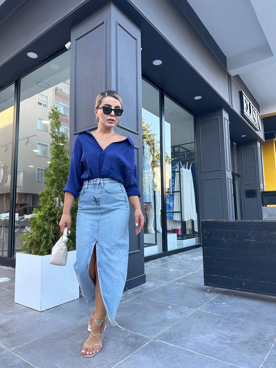 Denim Long Asymmetrical Skirt with Slit
