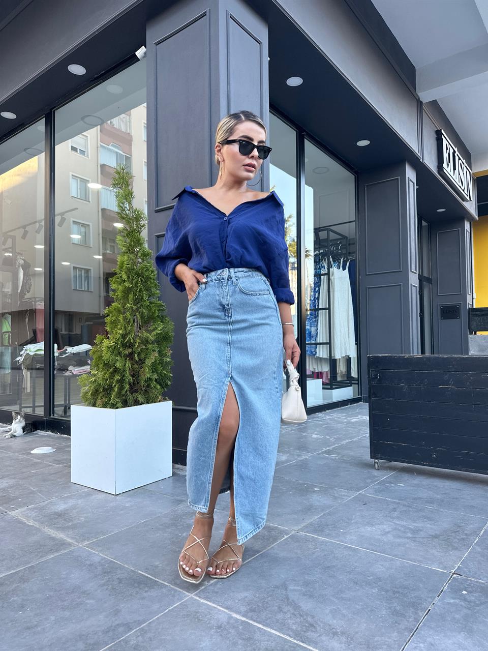 Denim Long Asymmetrical Skirt with Slit