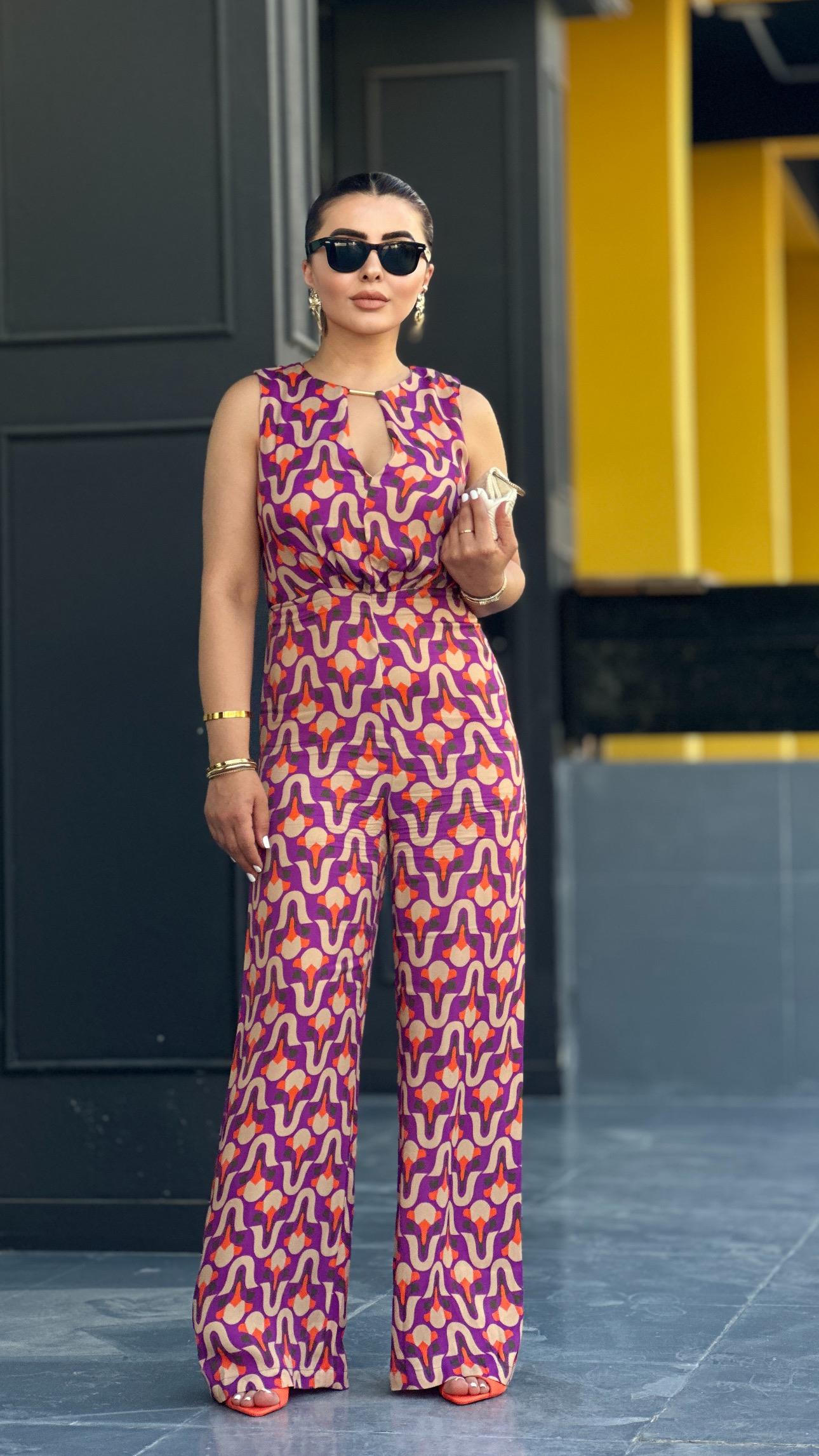Patterned V-Neck Satin Jumpsuit