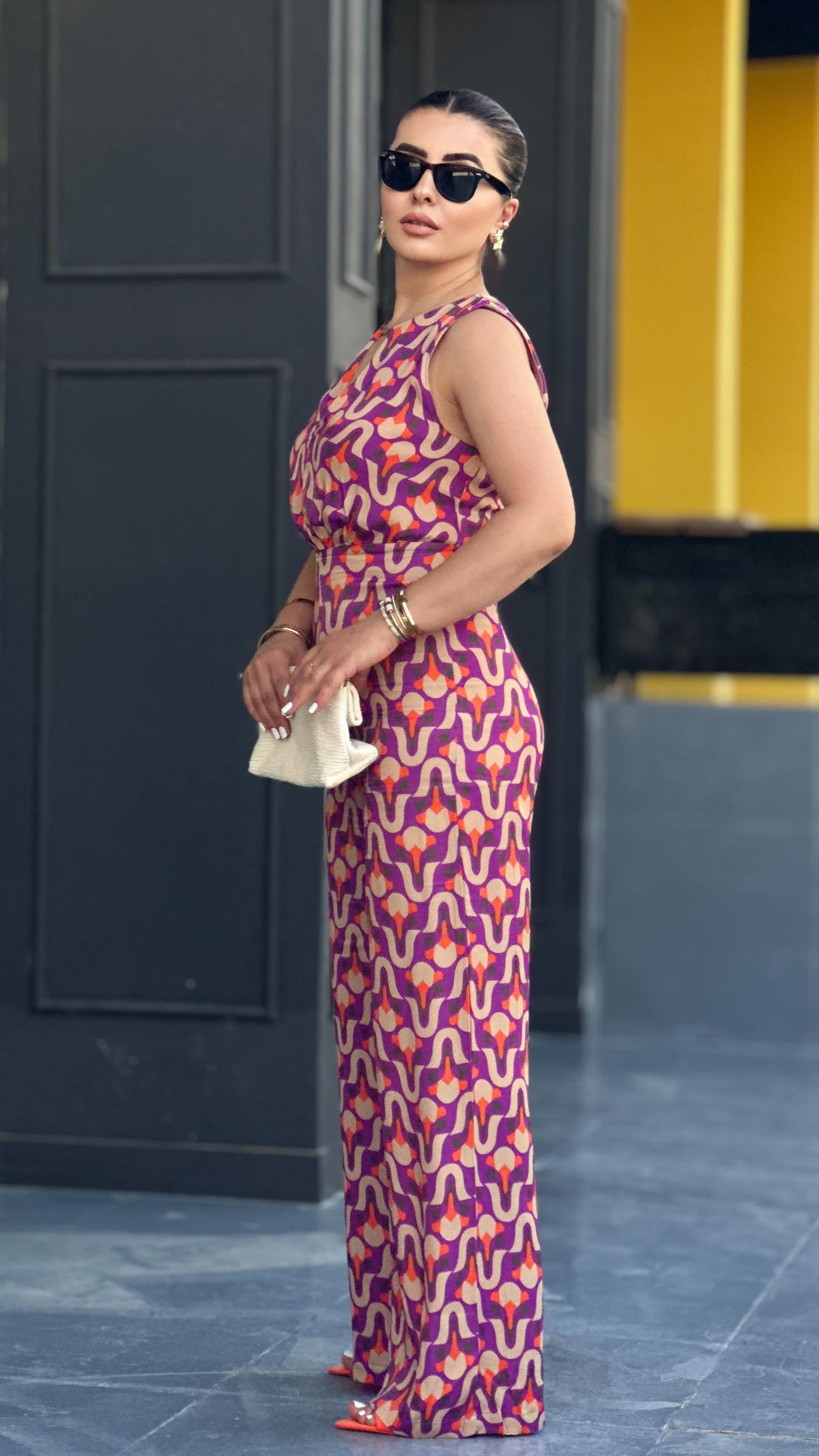 Patterned V-Neck Satin Jumpsuit