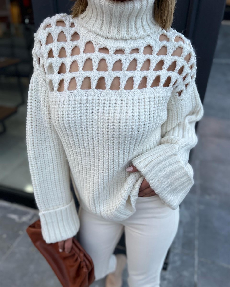 Dilvin Fishermans Collar Openwork Sweater