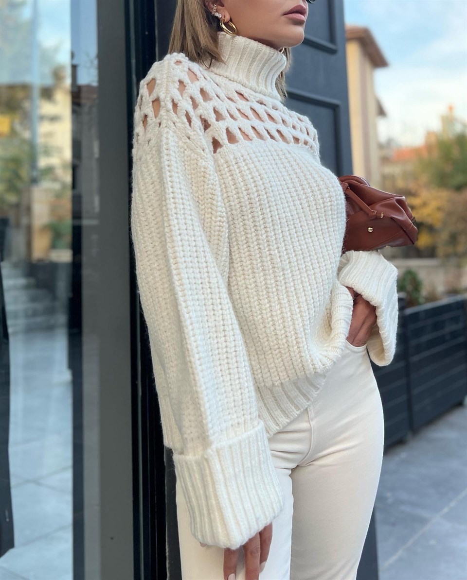 Dilvin Fishermans Collar Openwork Sweater