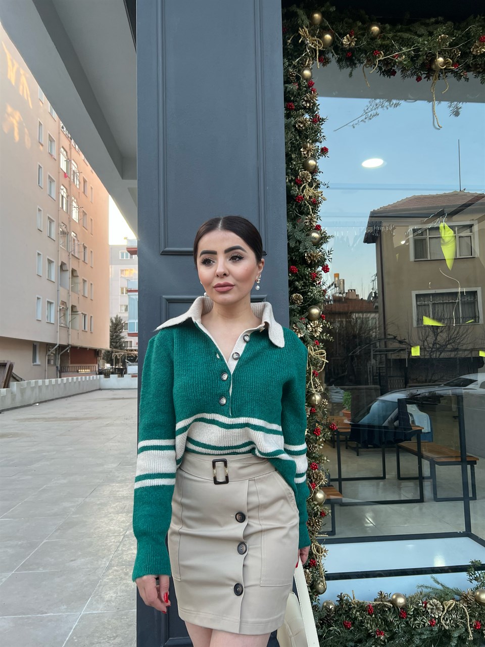 Dilvin Polo Collar Striped Sweater