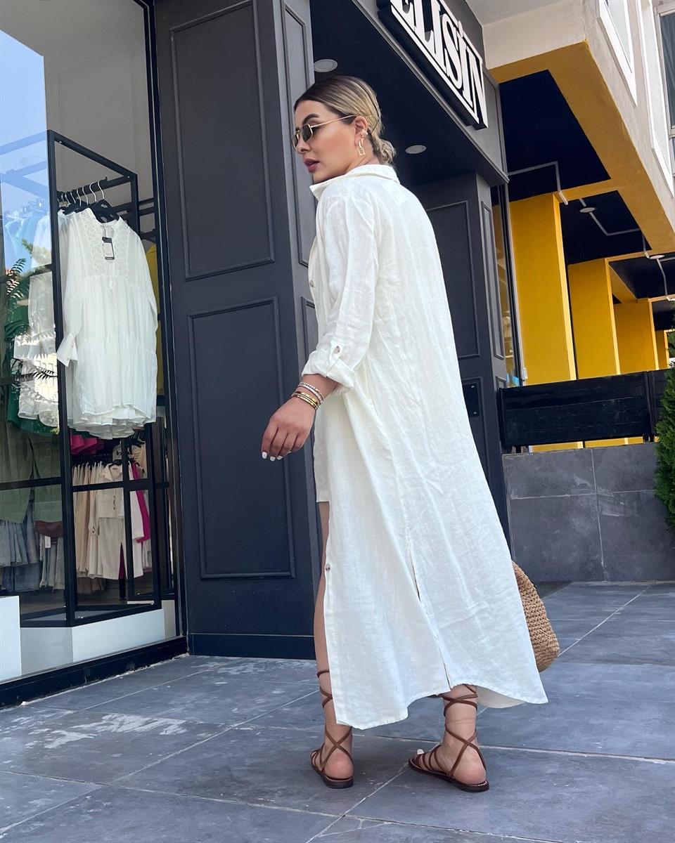 Ekru %100 Ham Keten Boydan Düğmeli Kimono Elbise 