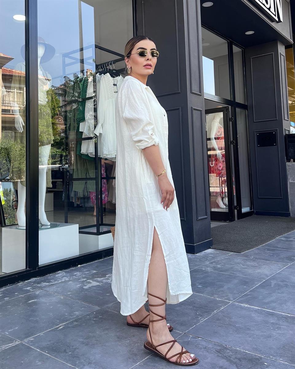 Ekru %100 Ham Keten Boydan Düğmeli Kimono Elbise 