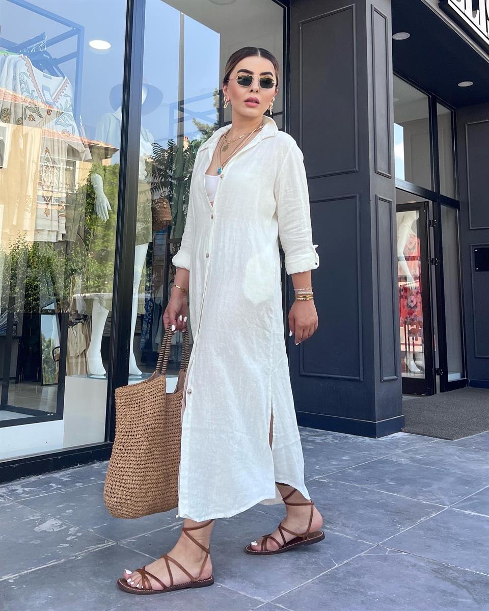 Ekru %100 Ham Keten Boydan Düğmeli Kimono Elbise 