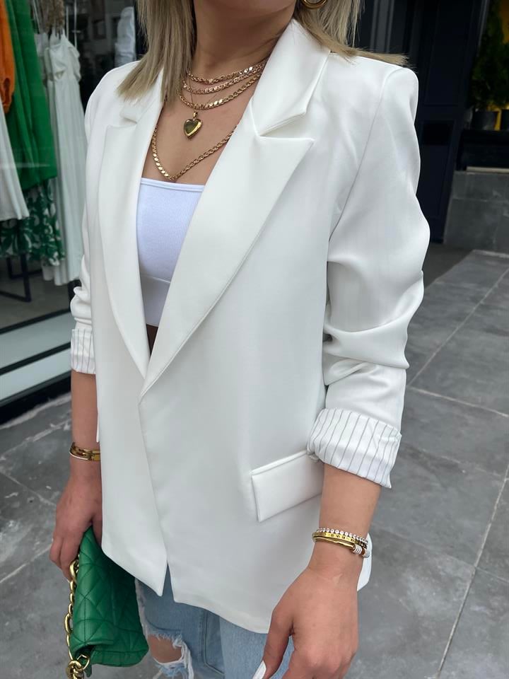 Ekru Astarı Çizgili Blazer Ceket 