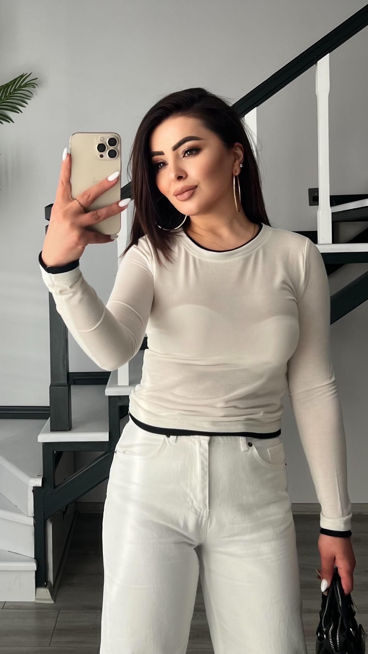 Off-white crew neck black gradient semi-transparent blouse