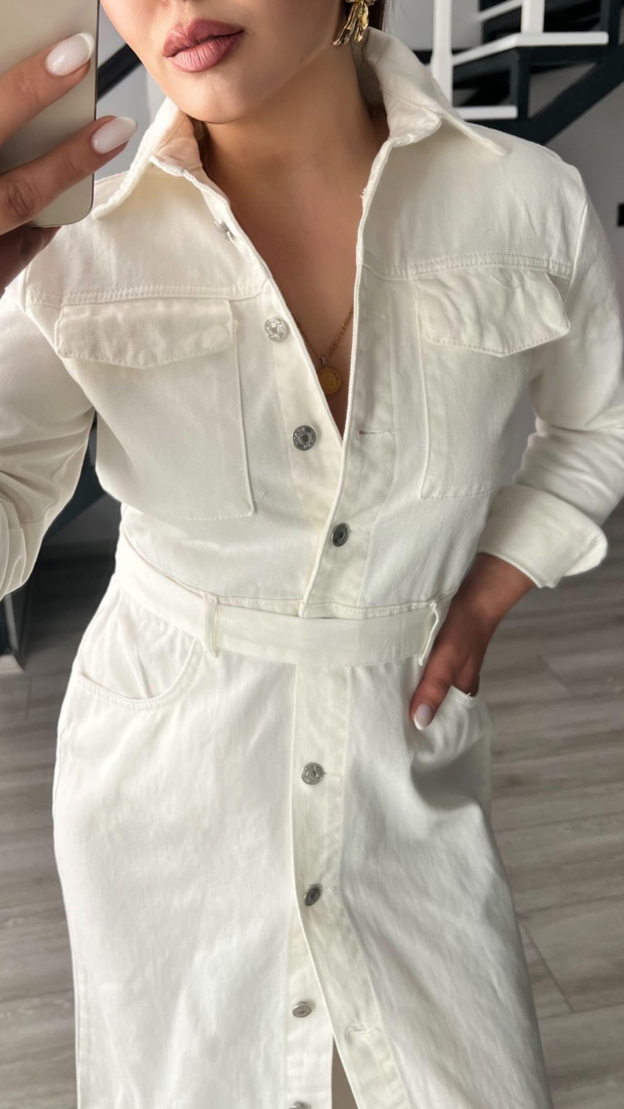 Ekru Boydan Düğmeli Kuşaklı Denim Elbise 