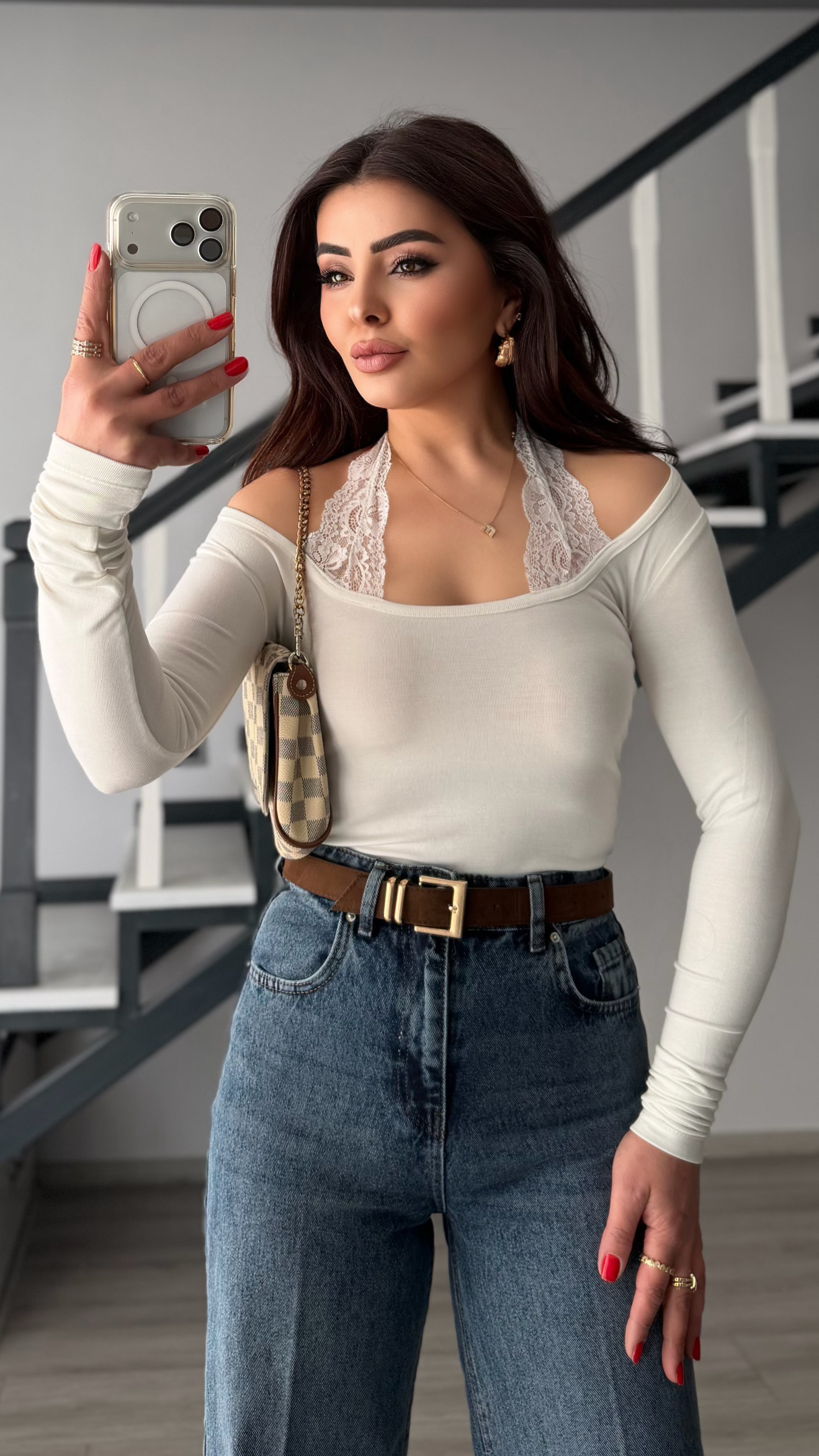 Ecru Boat Neck Blouse with Lace Halter Detail