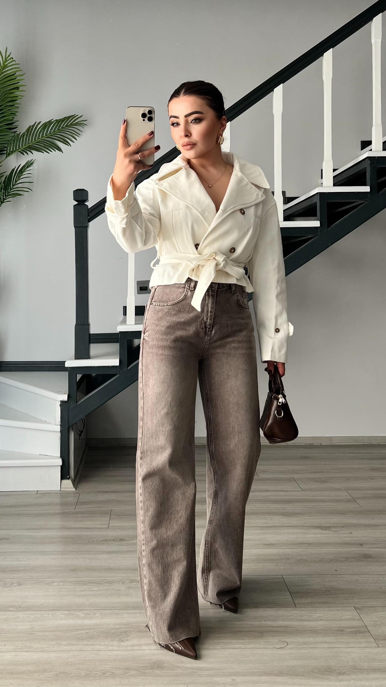 Ecru Gabardine Belted Trench Coat