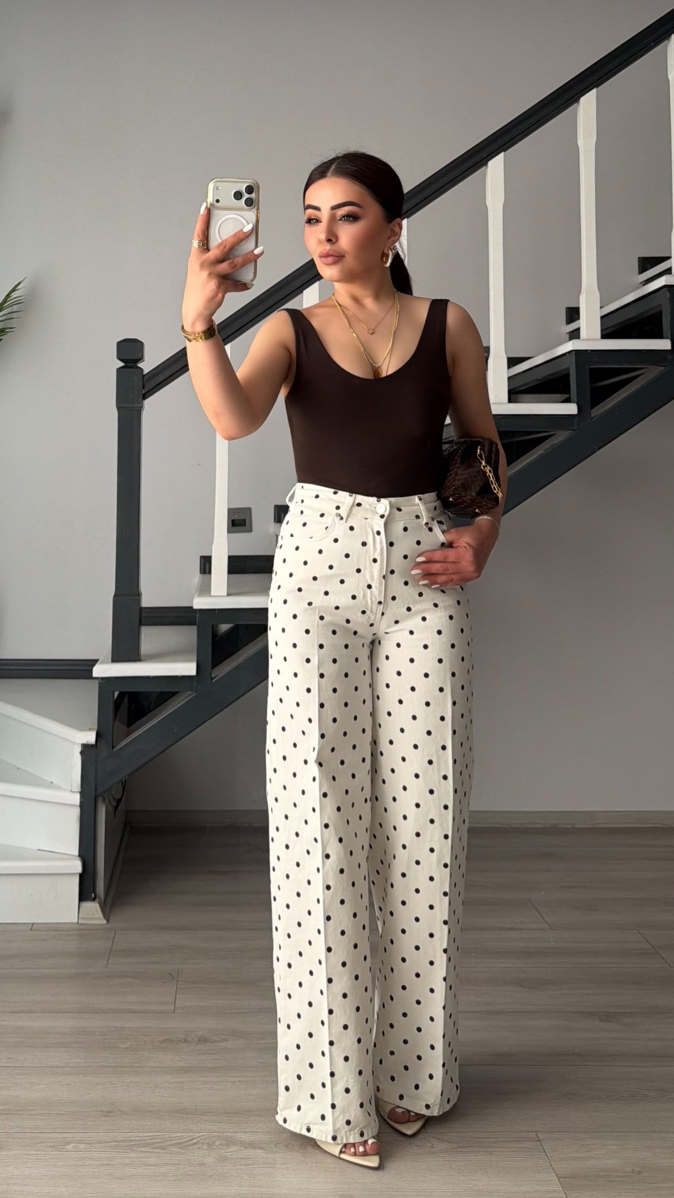Ekru-Kahve Puantiyeli Wide Leg Jean