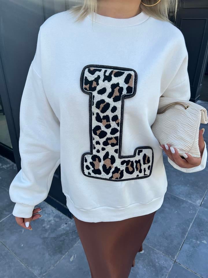 Ekru L Nakışlı Sweatshirt
