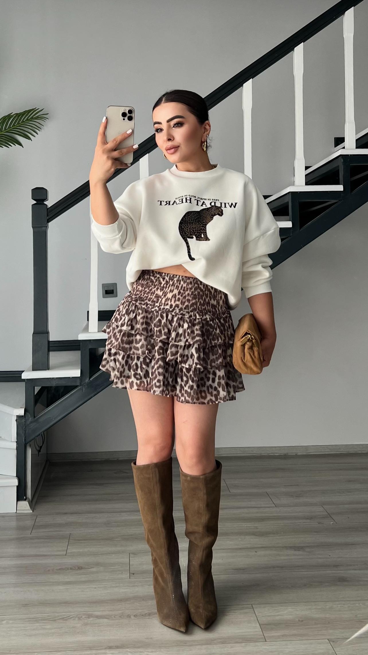 Ekru Leopar Nakışlı Şardonlu Sweatshirt
