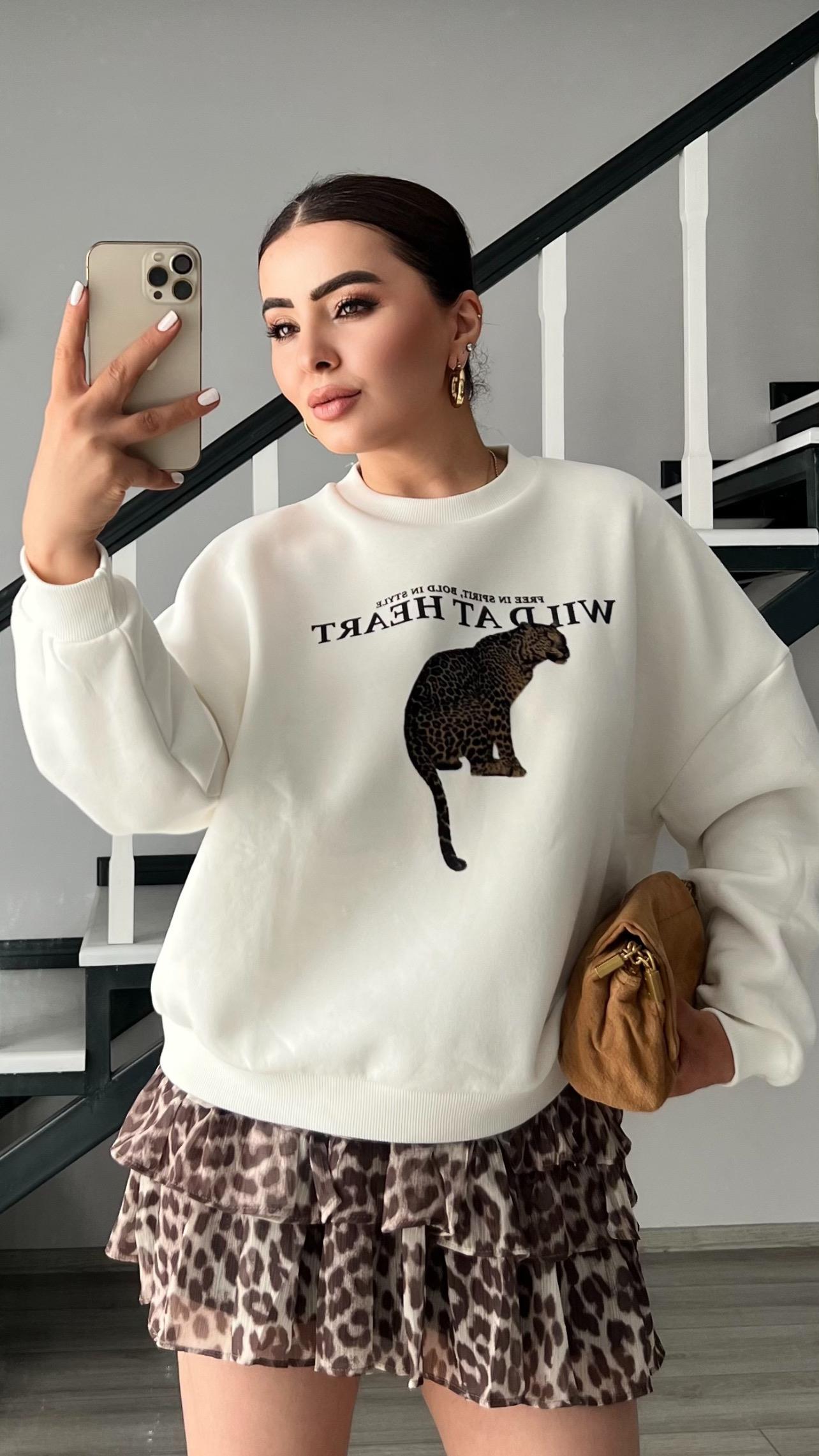 Ekru Leopar Nakışlı Şardonlu Sweatshirt