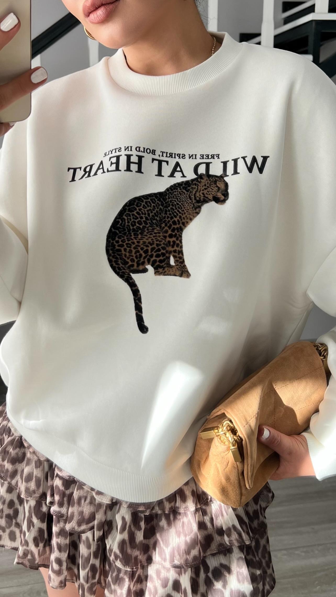 Ekru Leopar Nakışlı Şardonlu Sweatshirt