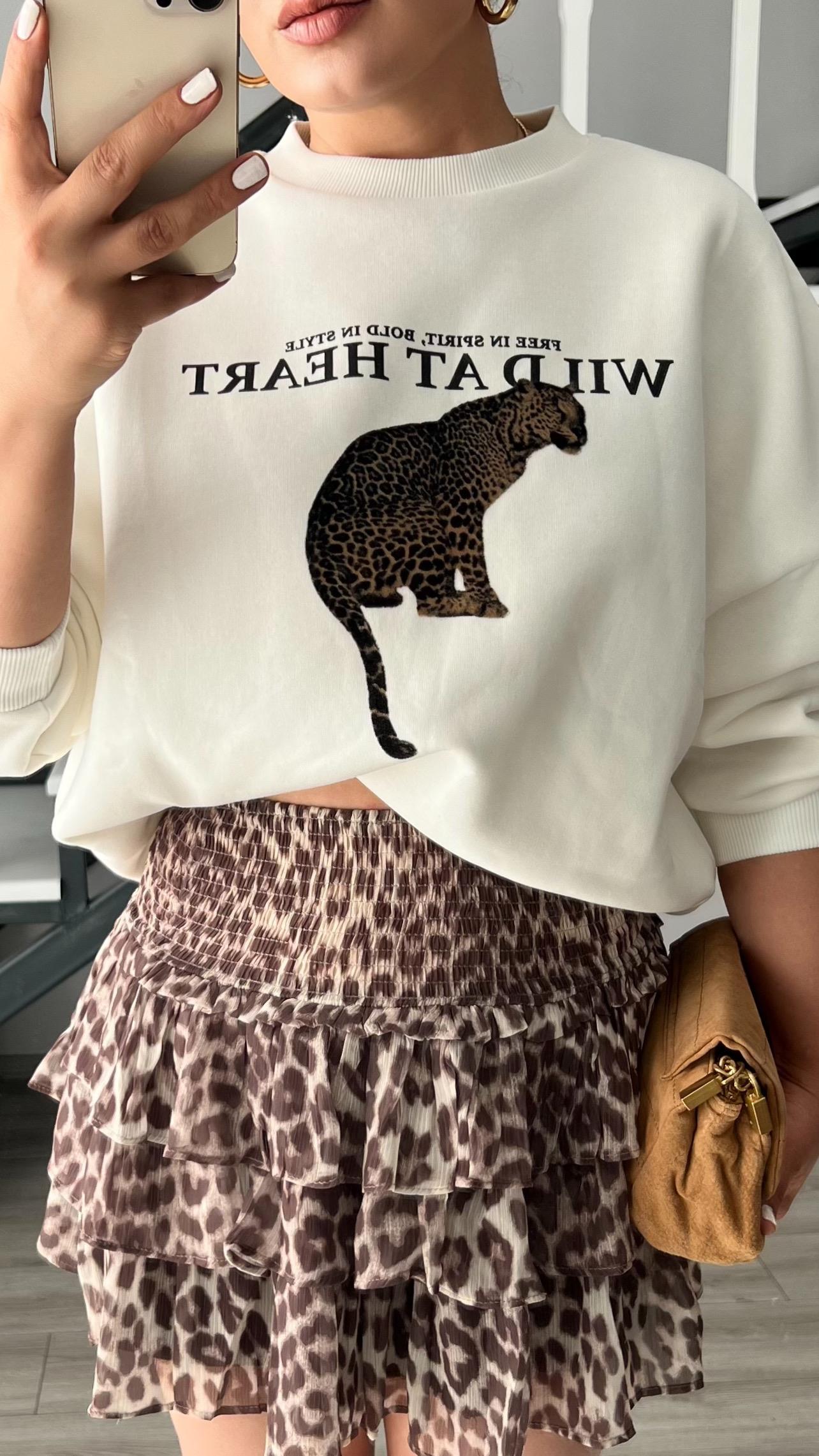 Ekru Leopar Nakışlı Şardonlu Sweatshirt