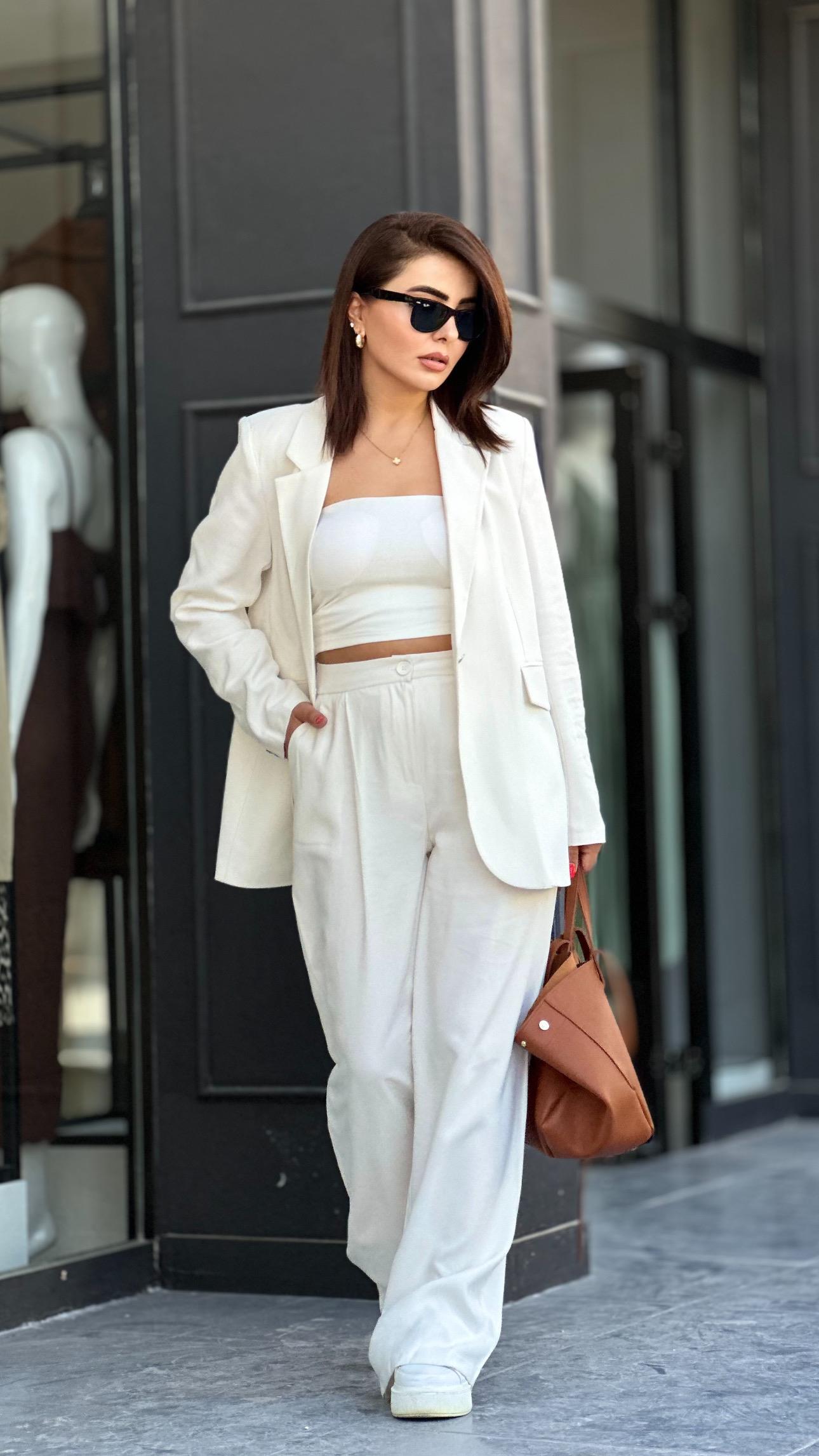 Off-white Premium Tencel Palazzo Pants and Jacket Set