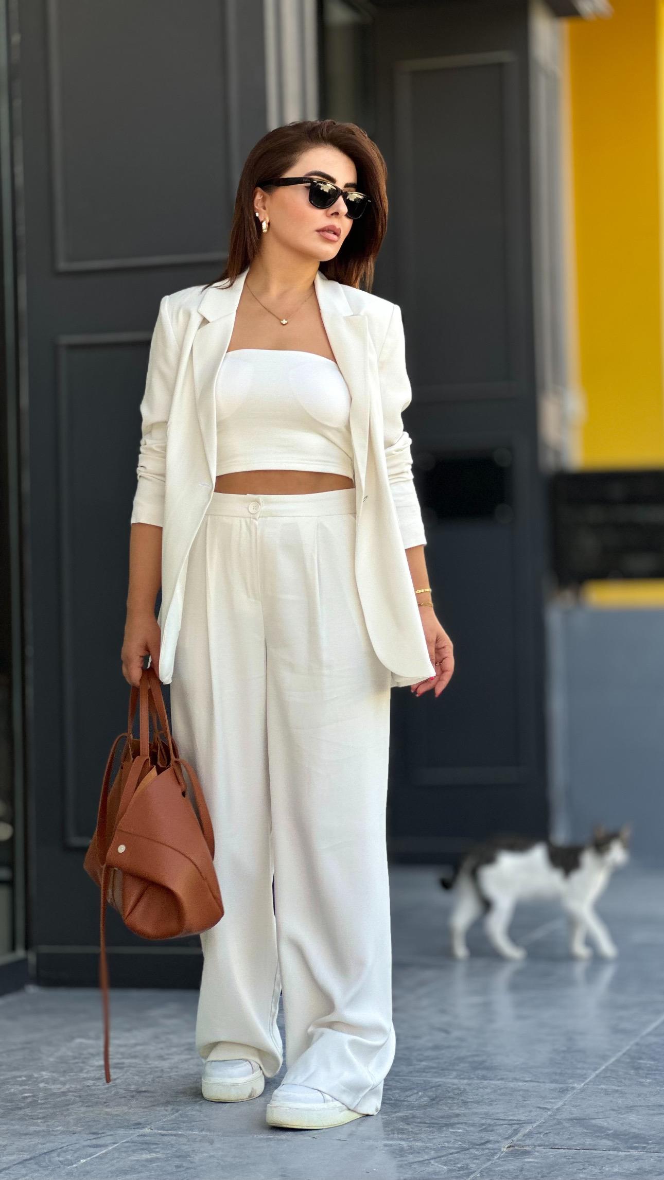 Off-white Premium Tencel Palazzo Pants and Jacket Set