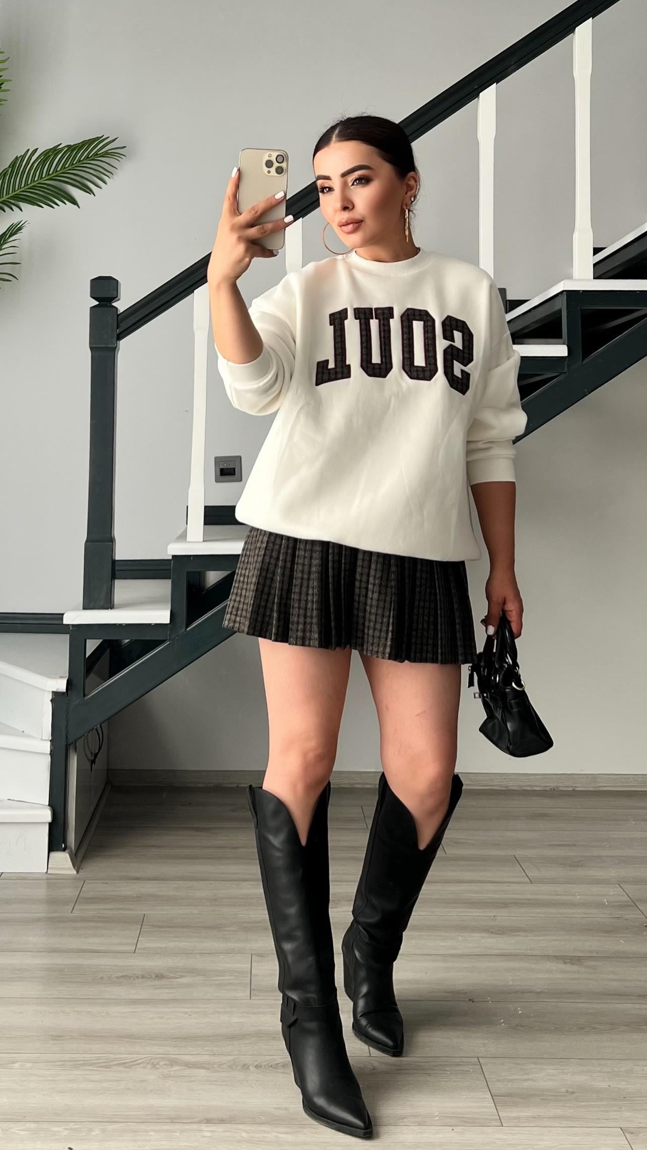 Ekru Soul Nakışlı 3 İplik Sweatshirt