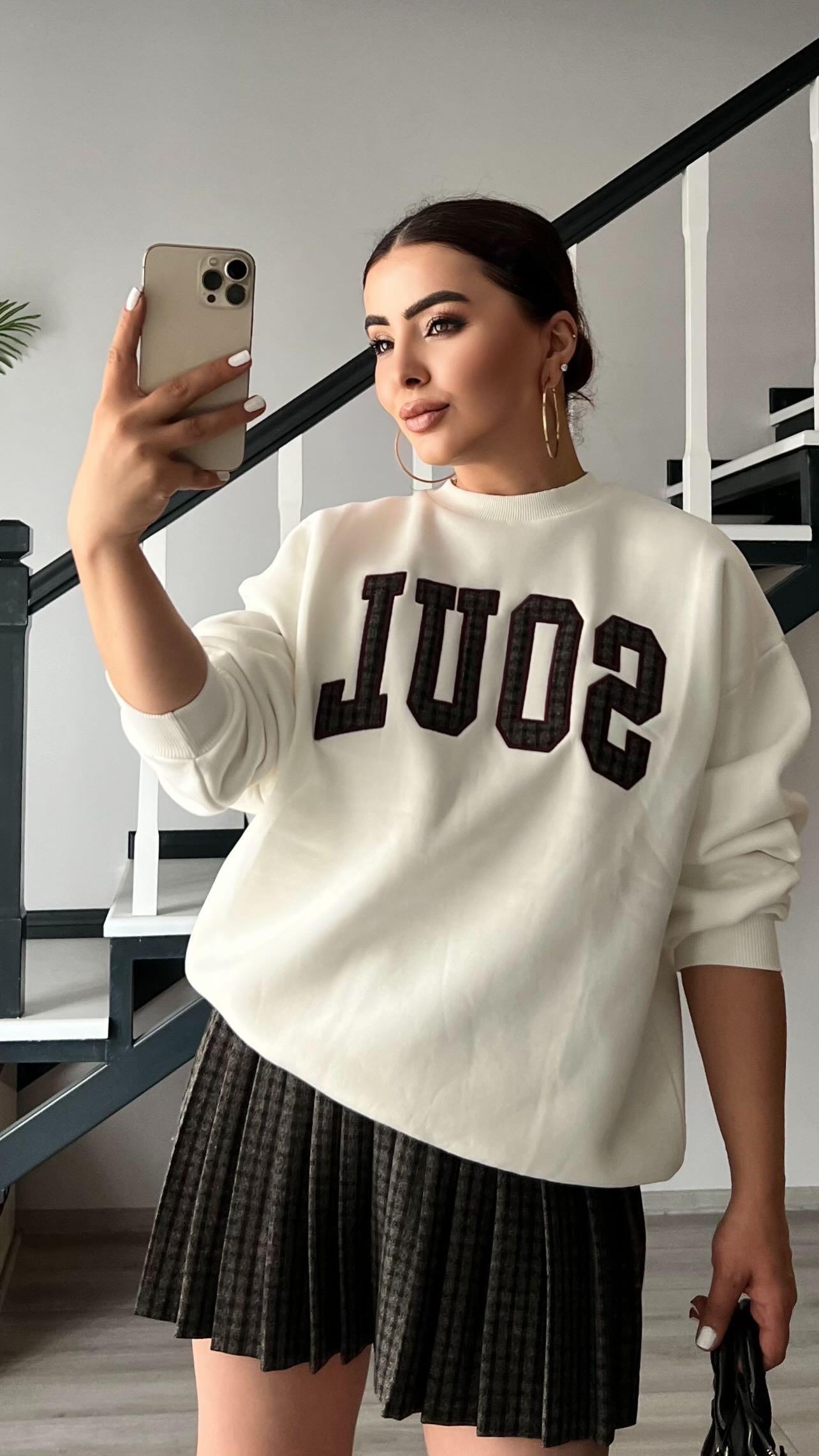 Ekru Soul Nakışlı 3 İplik Sweatshirt