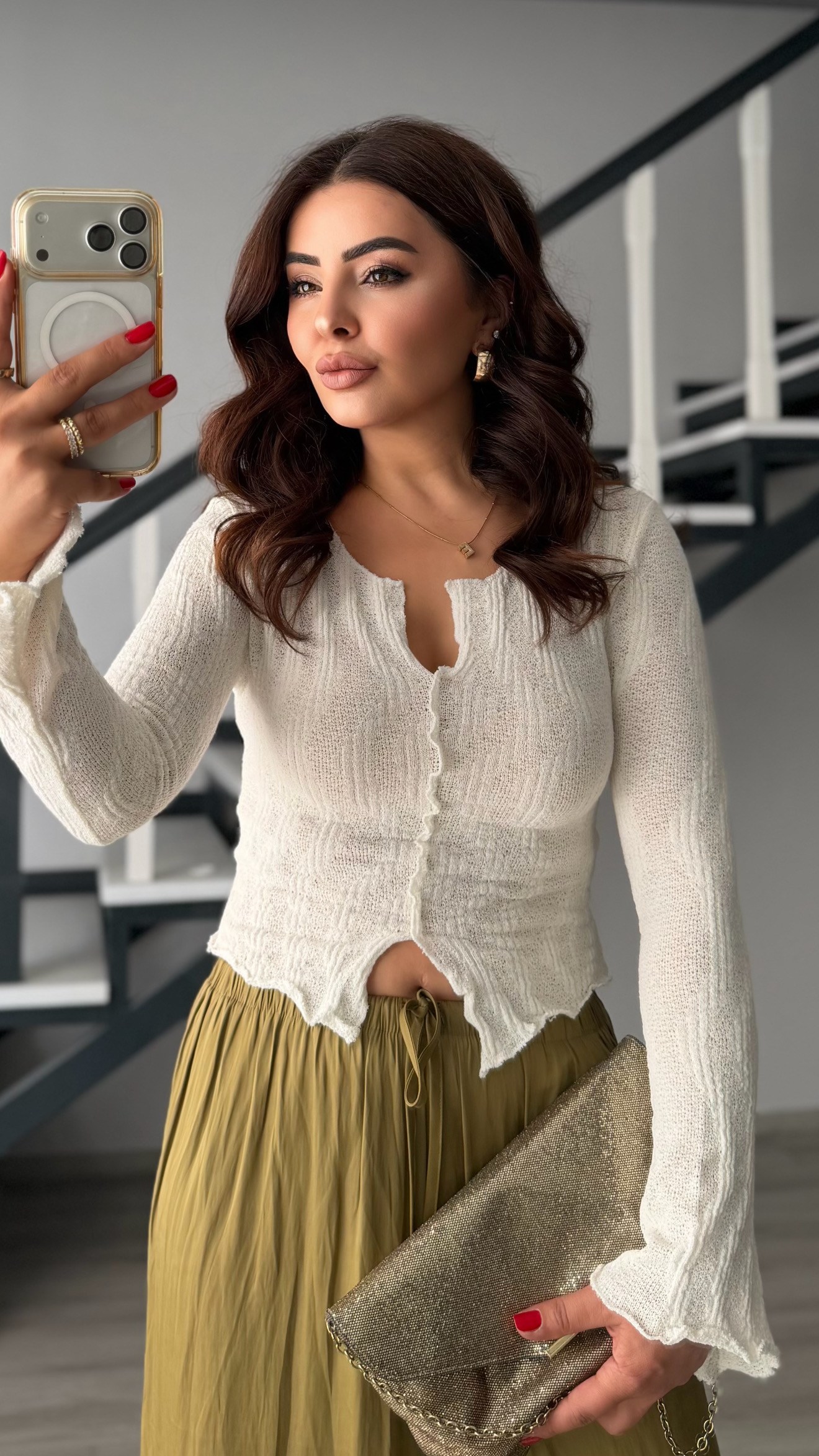 Ecru V-Neck Sheer Knit Blouse