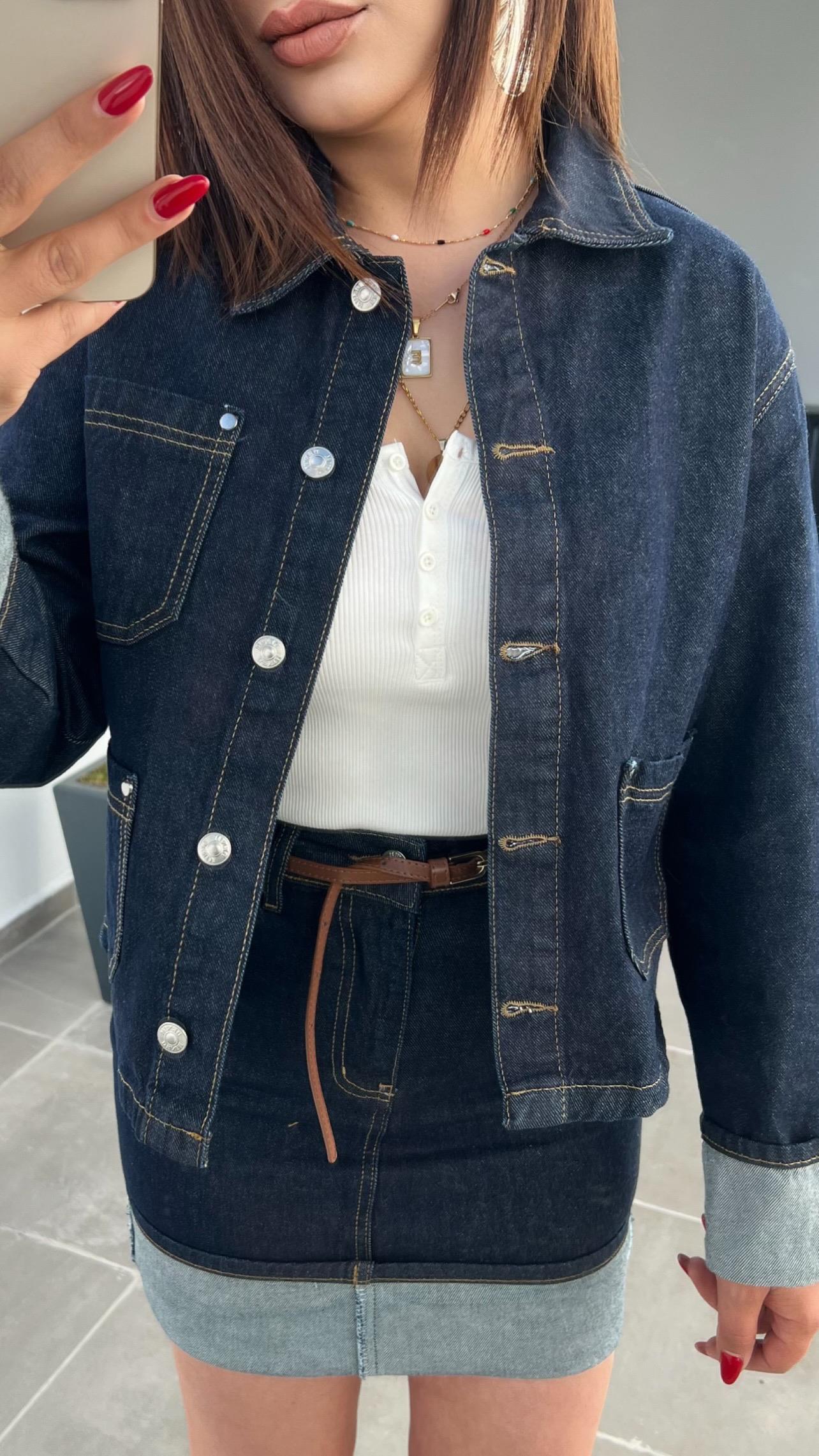 Etek - Ceket Manşeti Katlamalı Denim Takım 