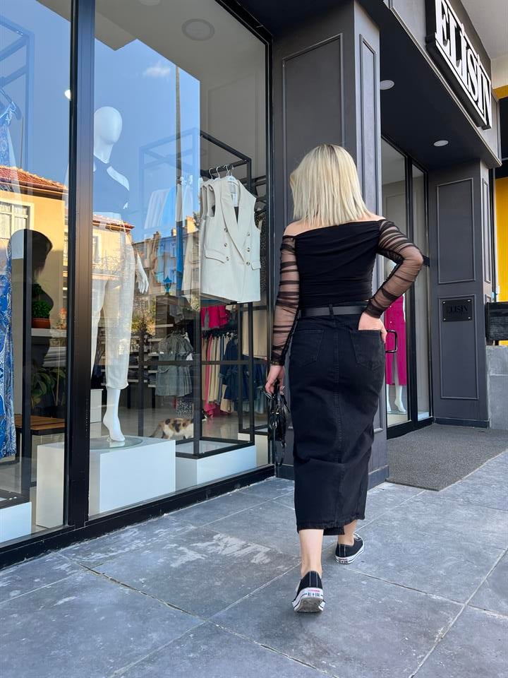 Füme Denim Midi Boy Yırtmaçlı Etek