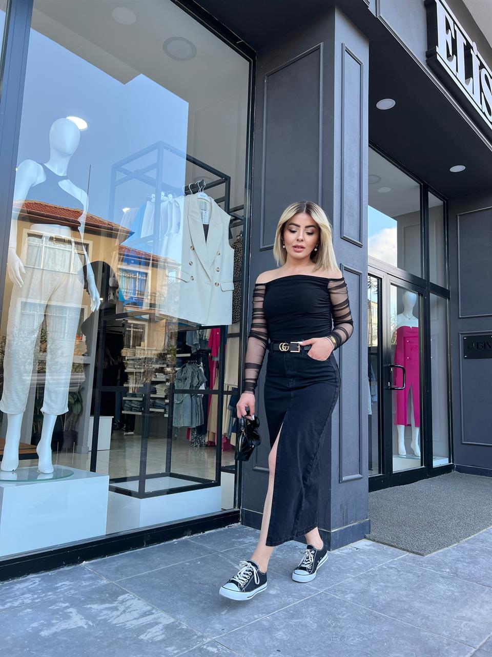 Füme Denim Midi Boy Yırtmaçlı Etek
