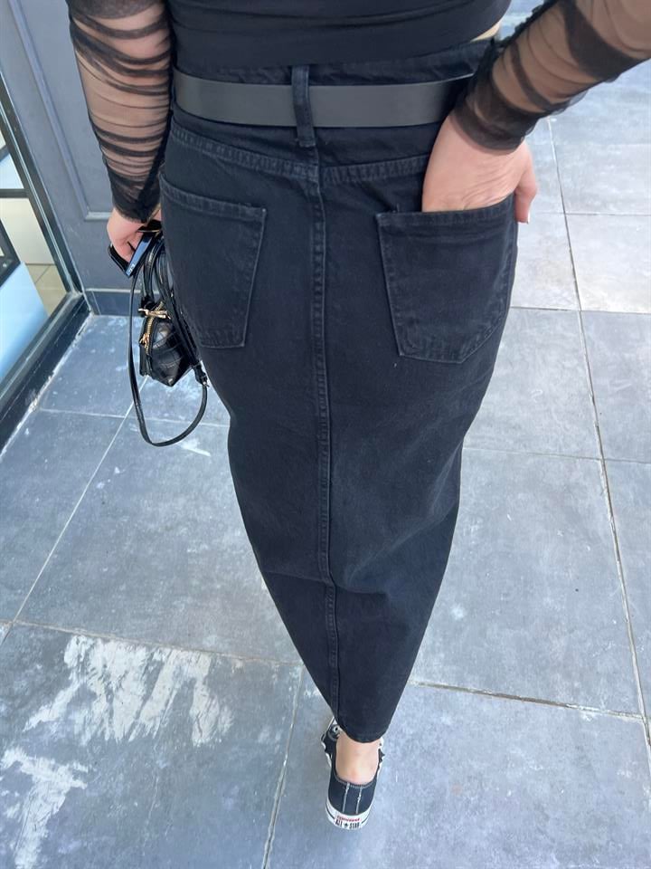 Füme Denim Midi Boy Yırtmaçlı Etek