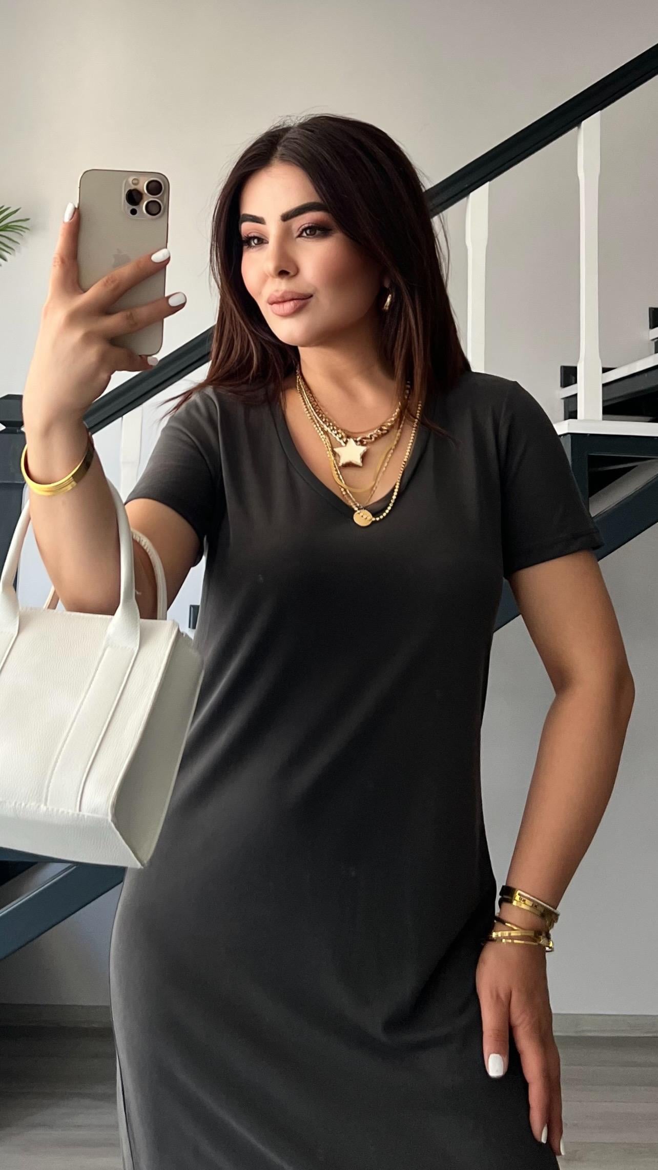 Füme Modal V Yaka Yırtmaçlı Elbise