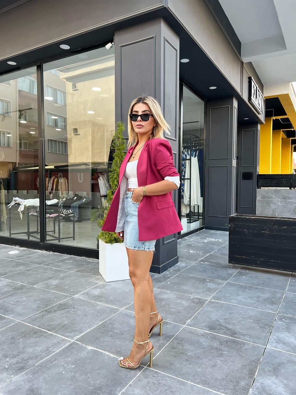 Fuşya Keten Astarı Çizgili Blazer Ceket
