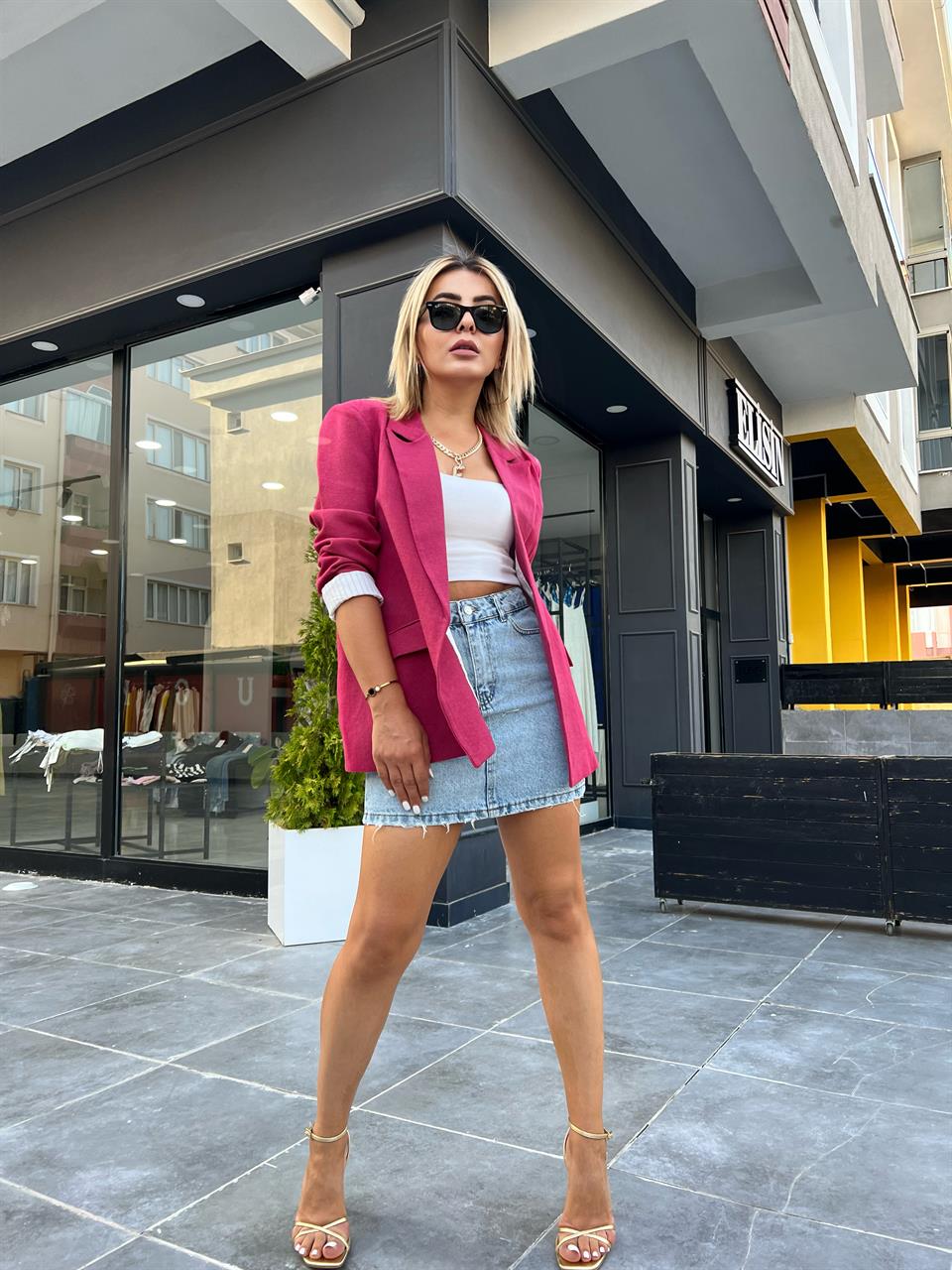 Fuşya Keten Astarı Çizgili Blazer Ceket