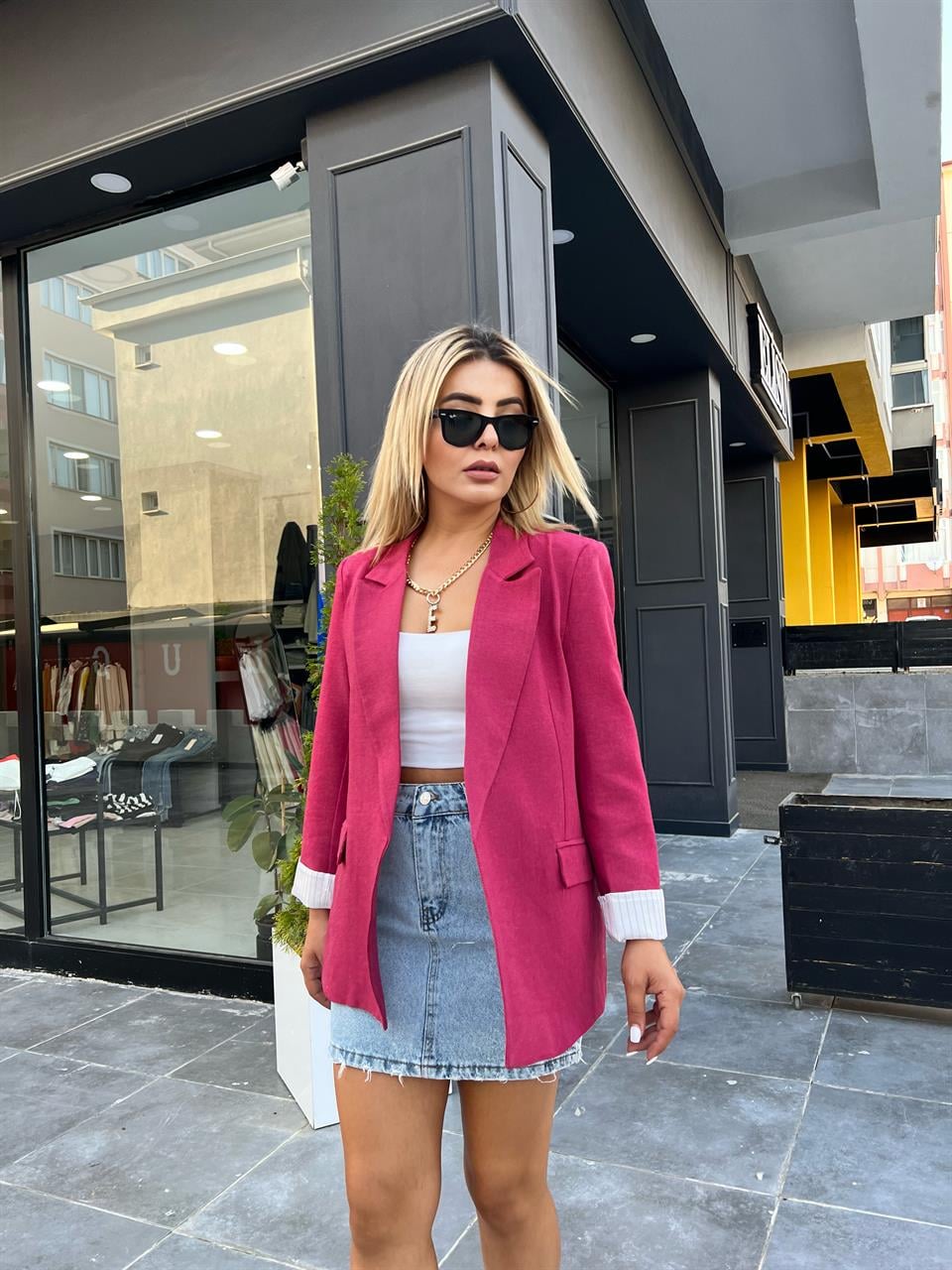 Fuşya Keten Astarı Çizgili Blazer Ceket