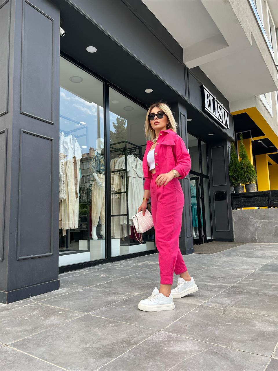 Fuchsia Linen Crop Jacket and Pants 2-Piece Set