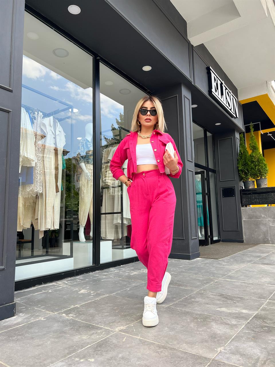 Fuchsia Linen Crop Jacket and Pants 2-Piece Set