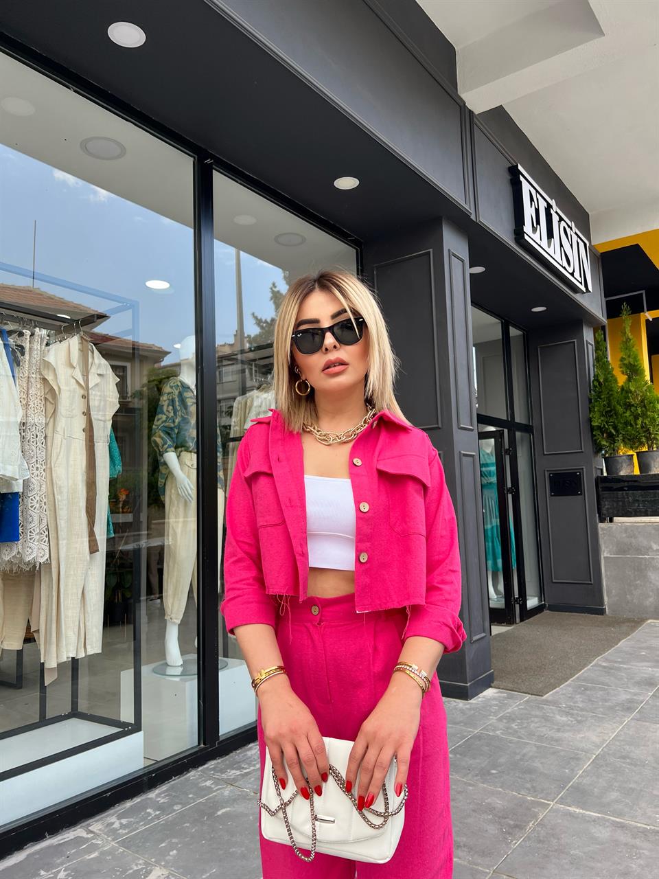 Fuchsia Linen Crop Jacket and Pants 2-Piece Set