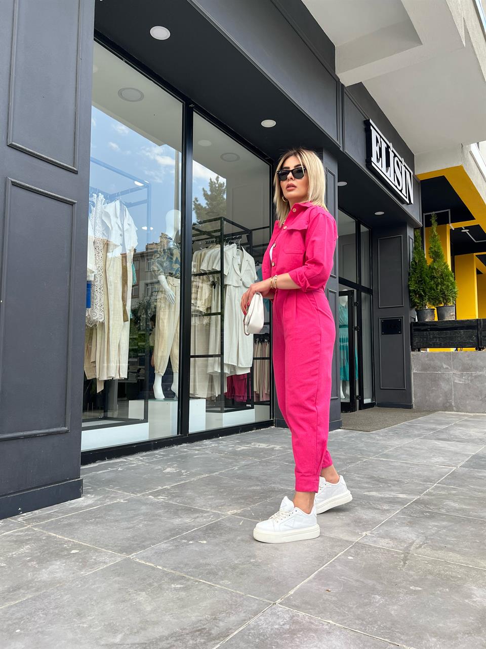 Fuchsia Linen Crop Jacket and Pants 2-Piece Set