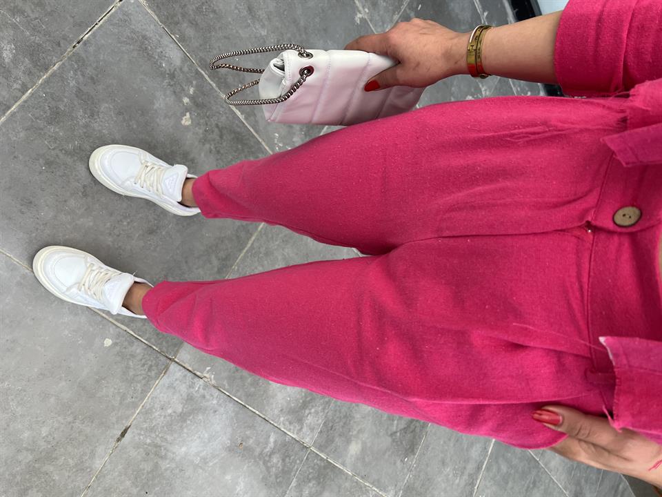 Fuchsia Linen Crop Jacket and Pants 2-Piece Set