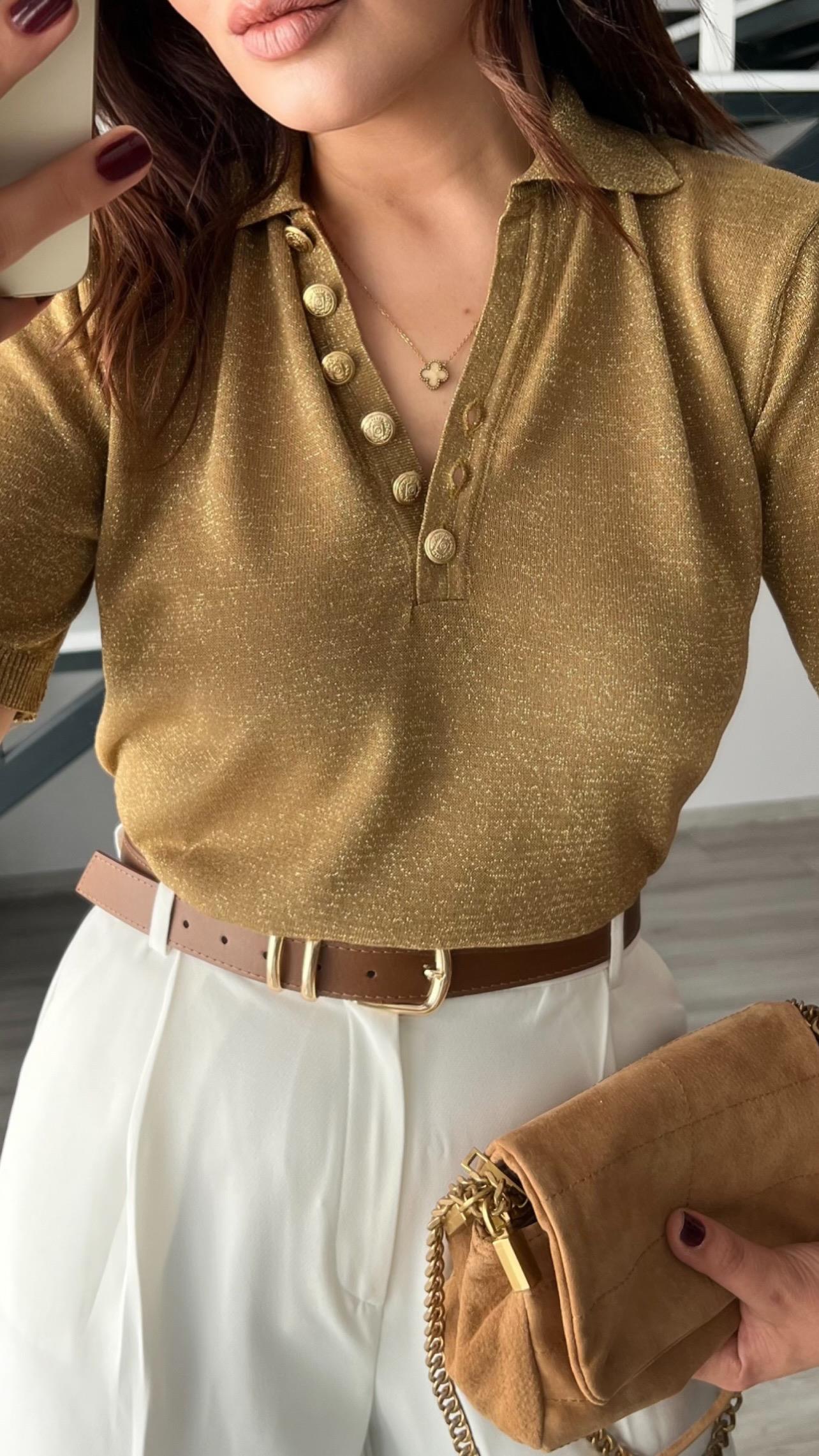 Gold Buttoned Glittery Short-Sleeved Knitted Blouse