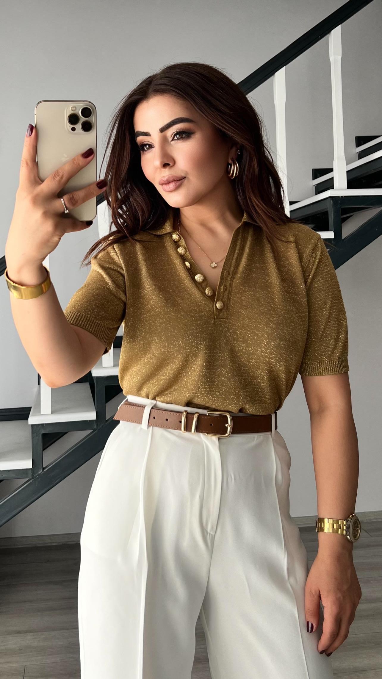 Gold Buttoned Glittery Short-Sleeved Knitted Blouse