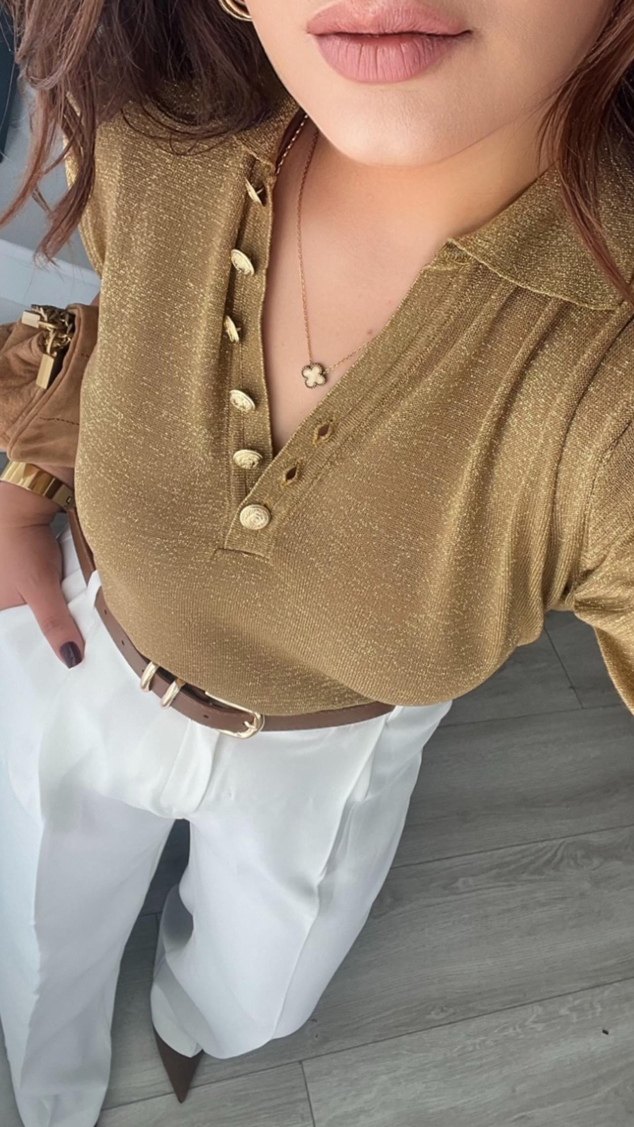 Gold Buttoned Glittery Short-Sleeved Knitted Blouse