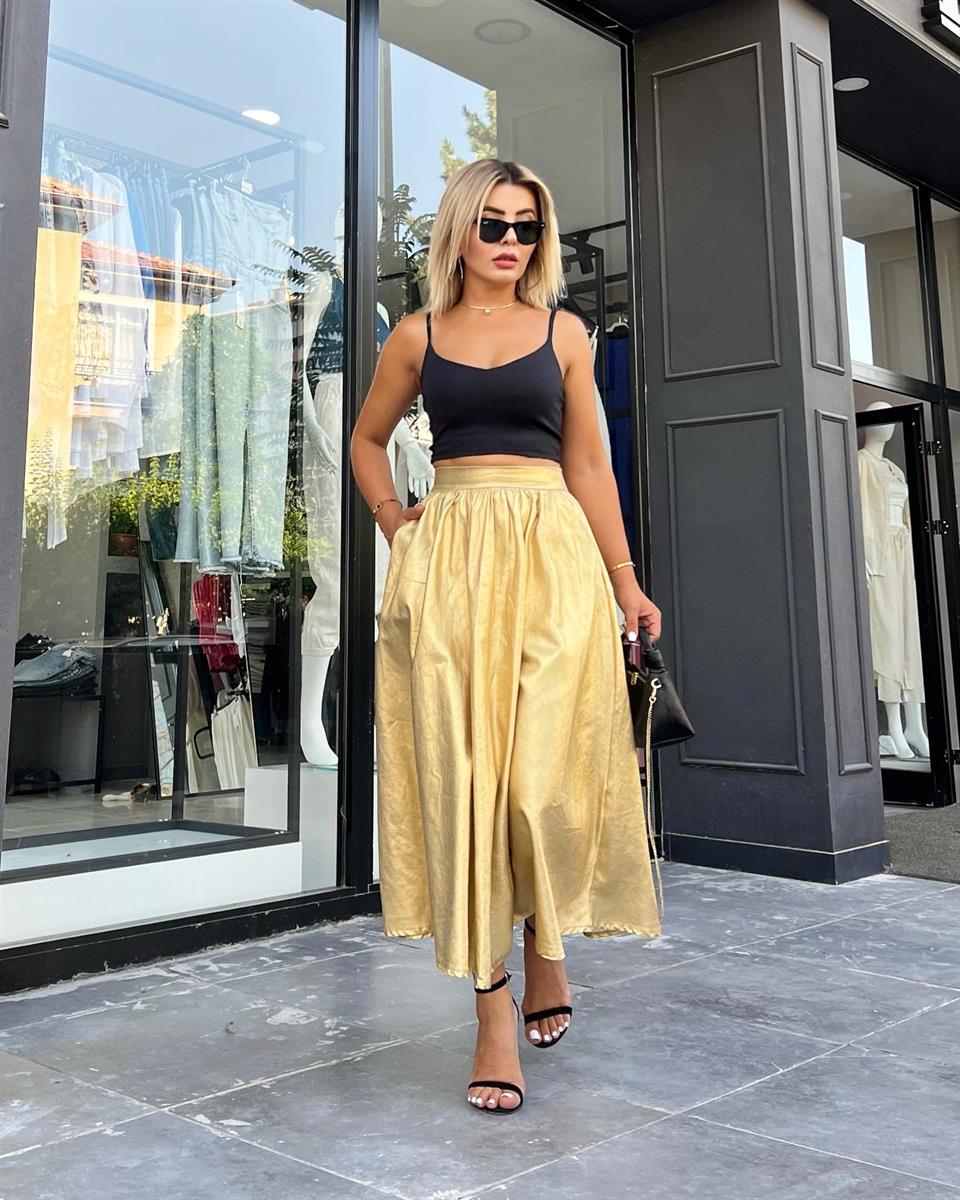 Gold Waxed Double Pocket Balloon Skirt