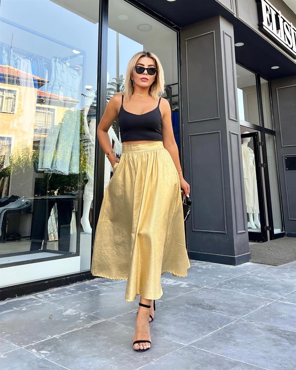 Gold Waxed Double Pocket Balloon Skirt