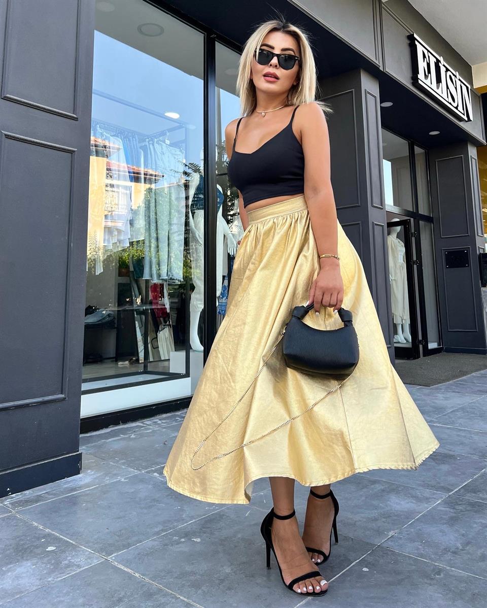 Gold Waxed Double Pocket Balloon Skirt