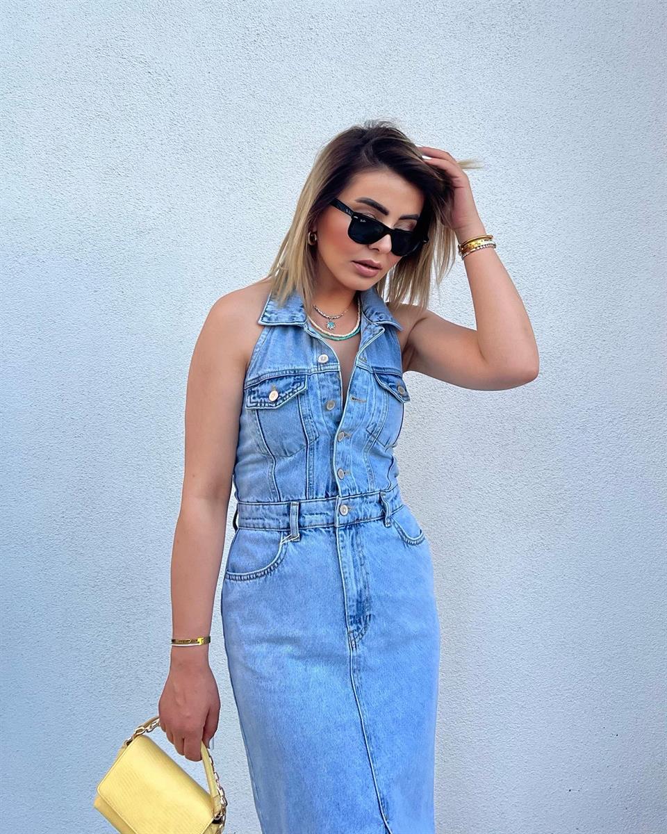 Gömlek Yaka Önü Yırtmaçlı Denim Elbise 